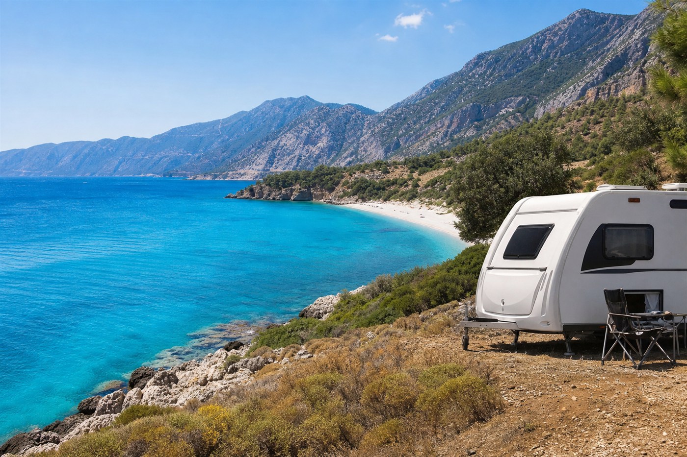Akdeniz Karavan Rotaları — karavan ile sahil ve rota manzarası, Mutlu Karavan