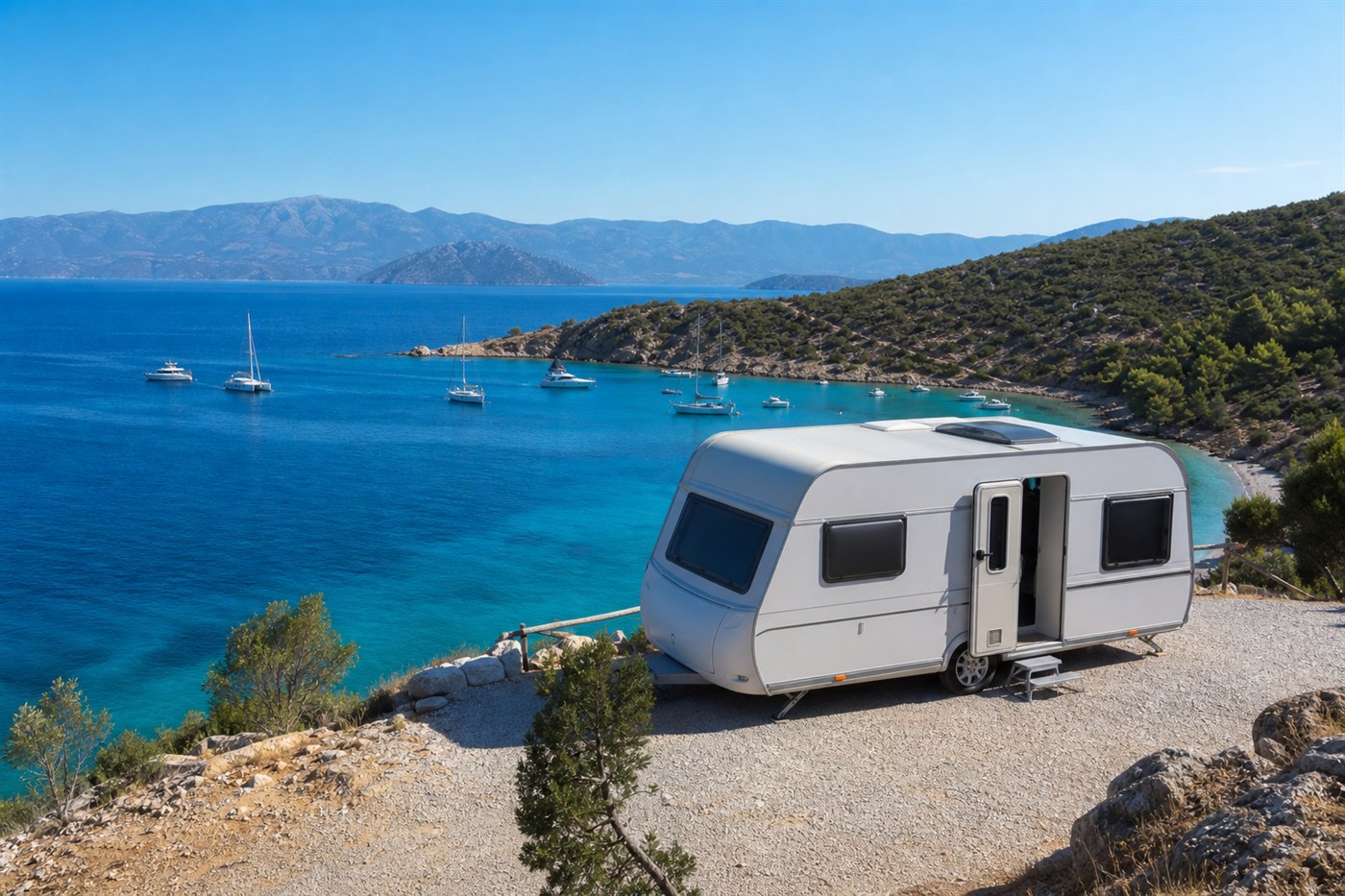 Bodrum – Marmaris Karavan Rotası — karavan ile sahil ve rota manzarası, Mutlu Karavan