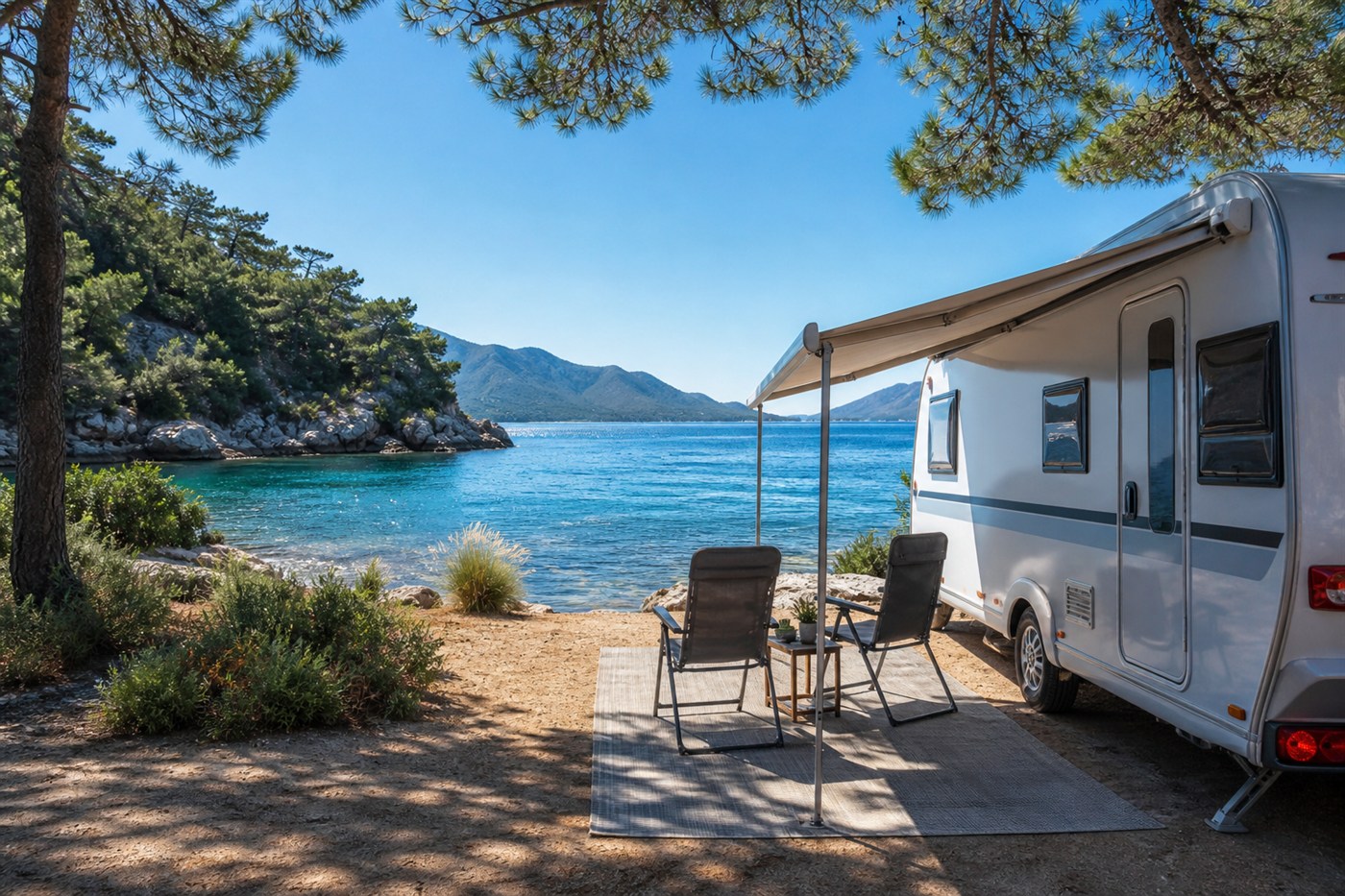 Çeşme Alaçatı Karavan Kamp ve Sahil Park — karavan ile sahil ve rota manzarası, Mutlu Karavan
