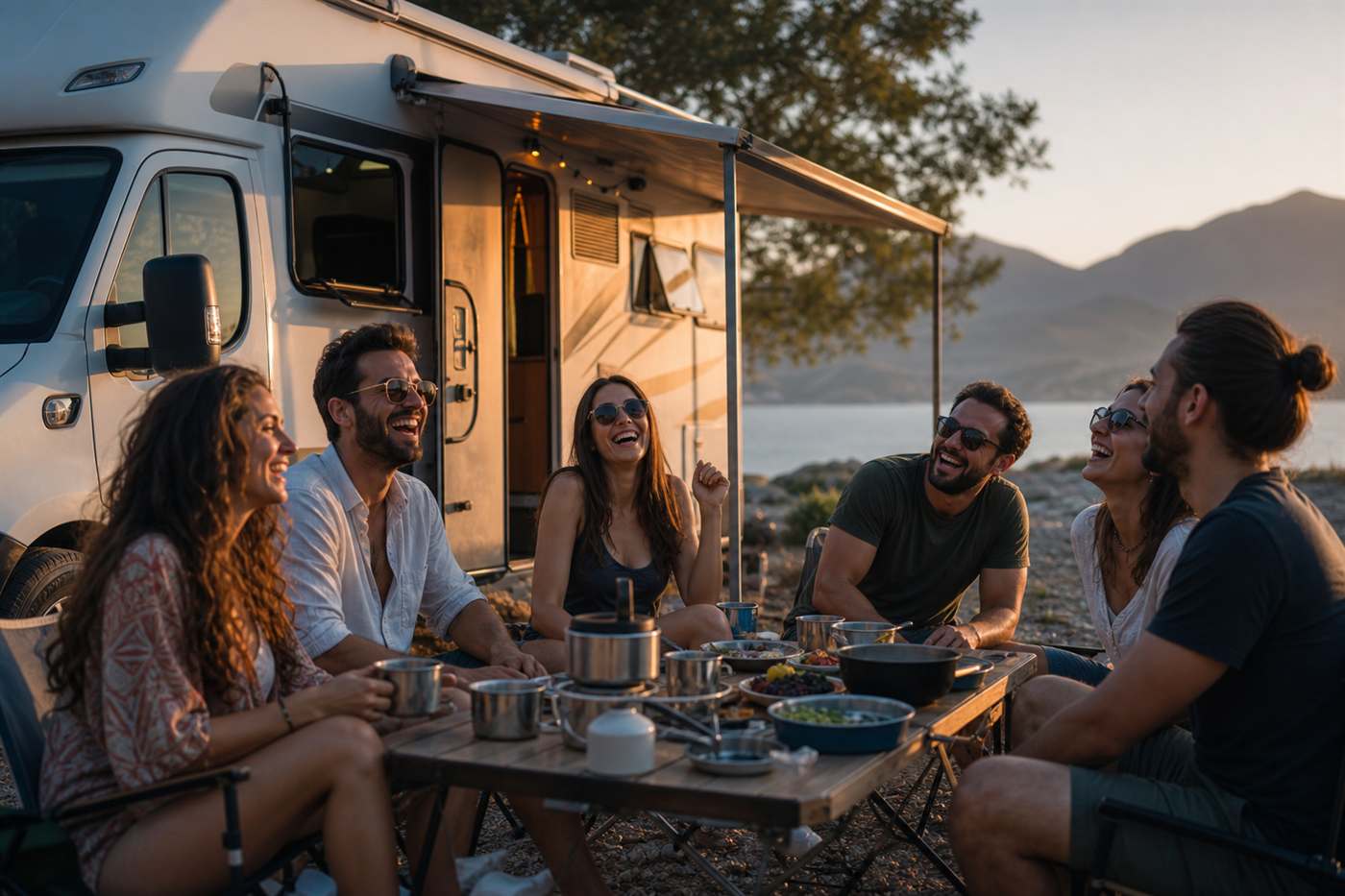 Arkadaş Grubuyla Karavan Tatili — karavan ile sahil ve rota manzarası, Mutlu Karavan