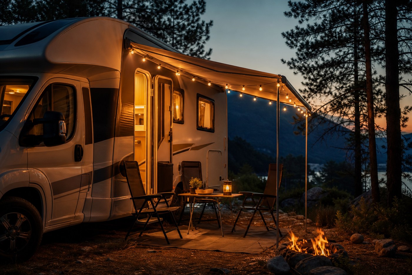 Akşam karavan kamp kurulumu — tenteli gece konaklama