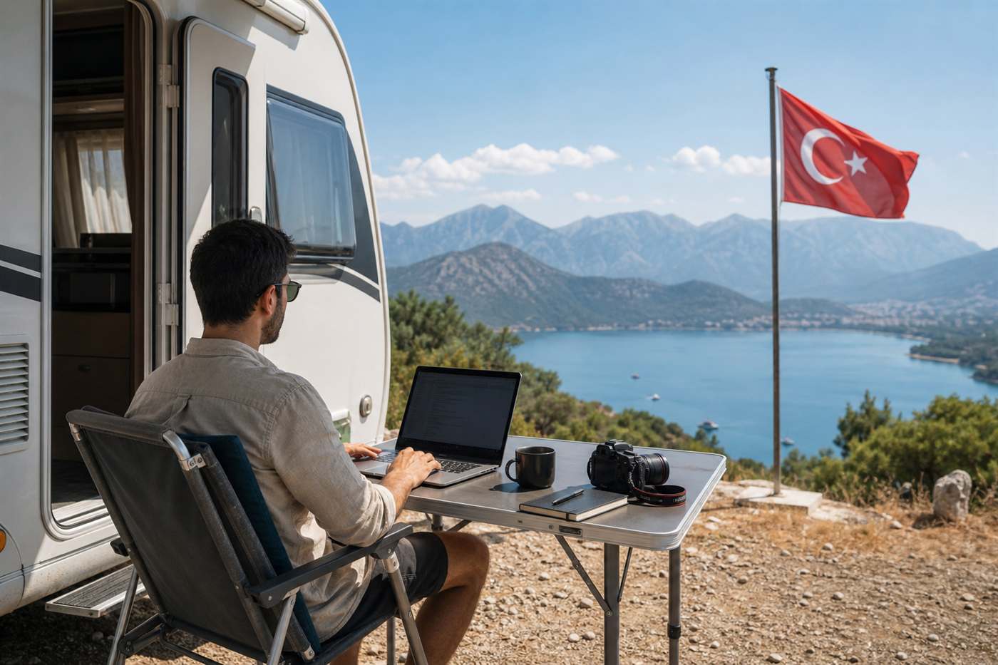 Karavan Ofis Tatili — karavan ile sahil ve rota manzarası, Mutlu Karavan