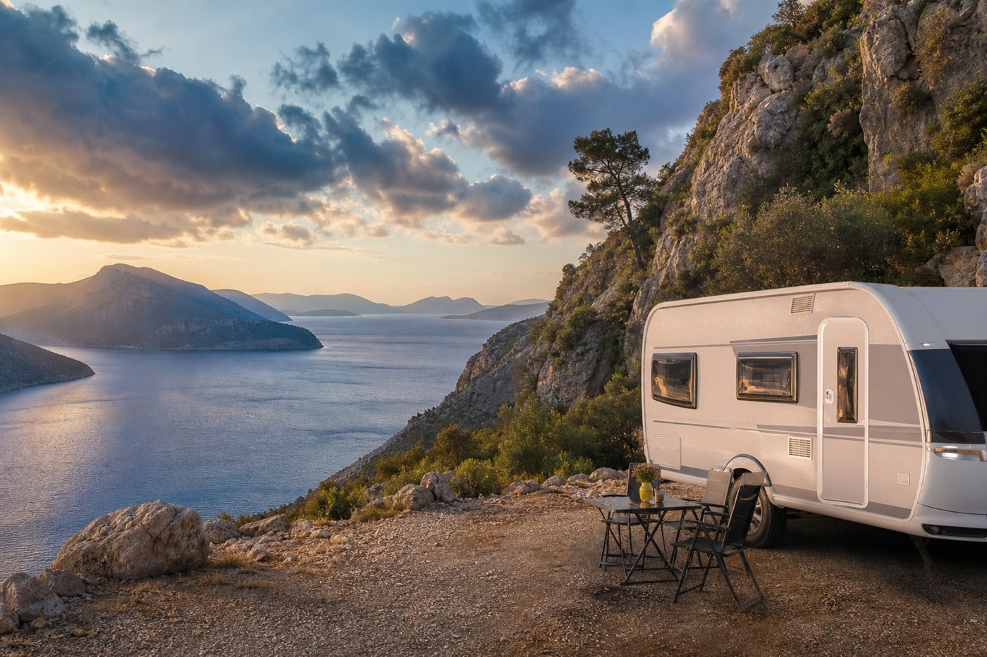 Karavan zincir kullanım — Karavan Rehberi — karavan ile sahil ve rota manzarası, Mutlu Karavan
