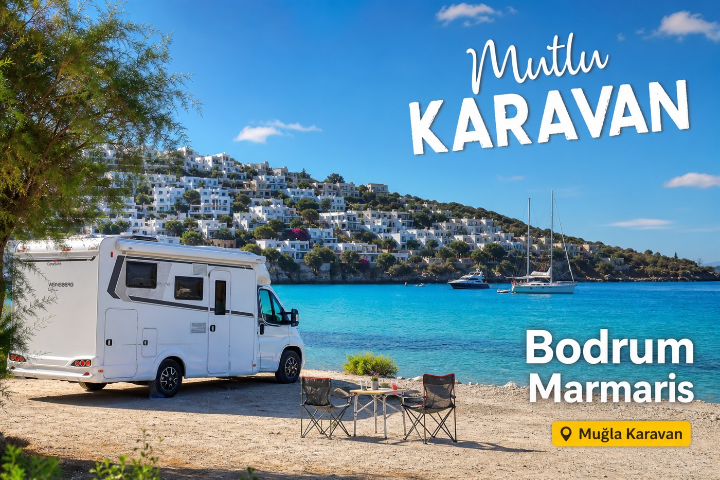 Kilyos Karavan Kamp — karavan ile sahil ve rota manzarası, Mutlu Karavan