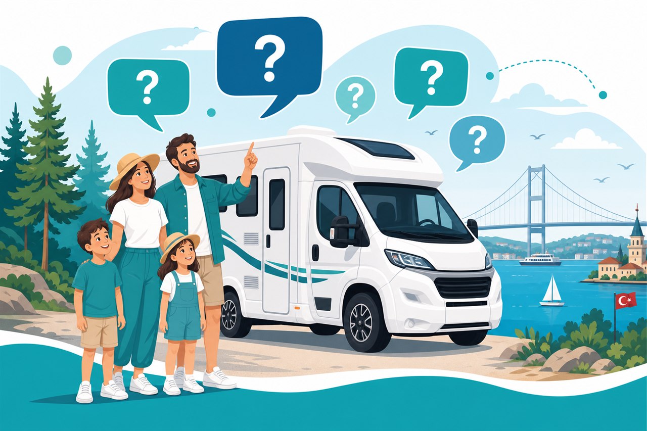 İstanbul karavan kiralama sık sorulan sorular — aile ve motokaravan Boğaz manzaralı illüstrasyon