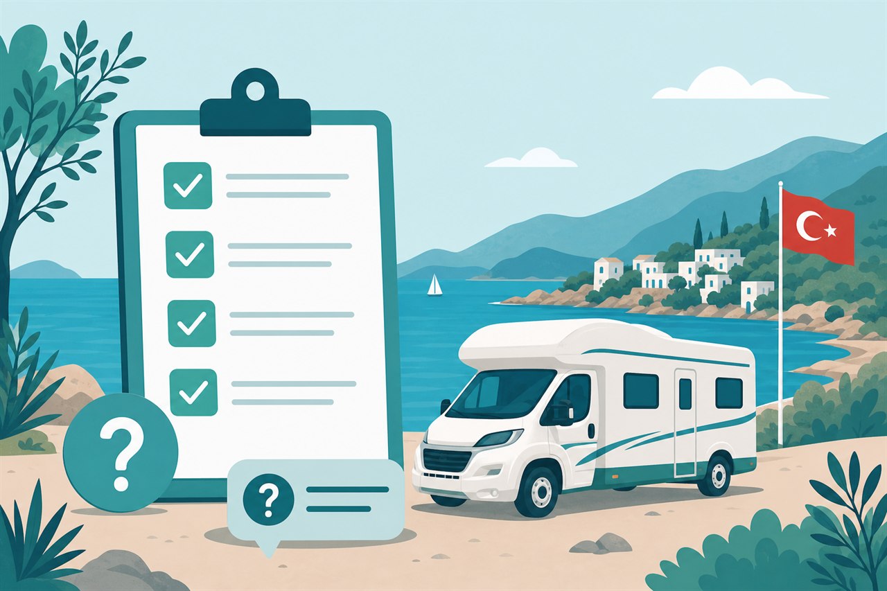 Karavan kiralama kontrol listesi ve Türkiye kıyısında karavan görseli