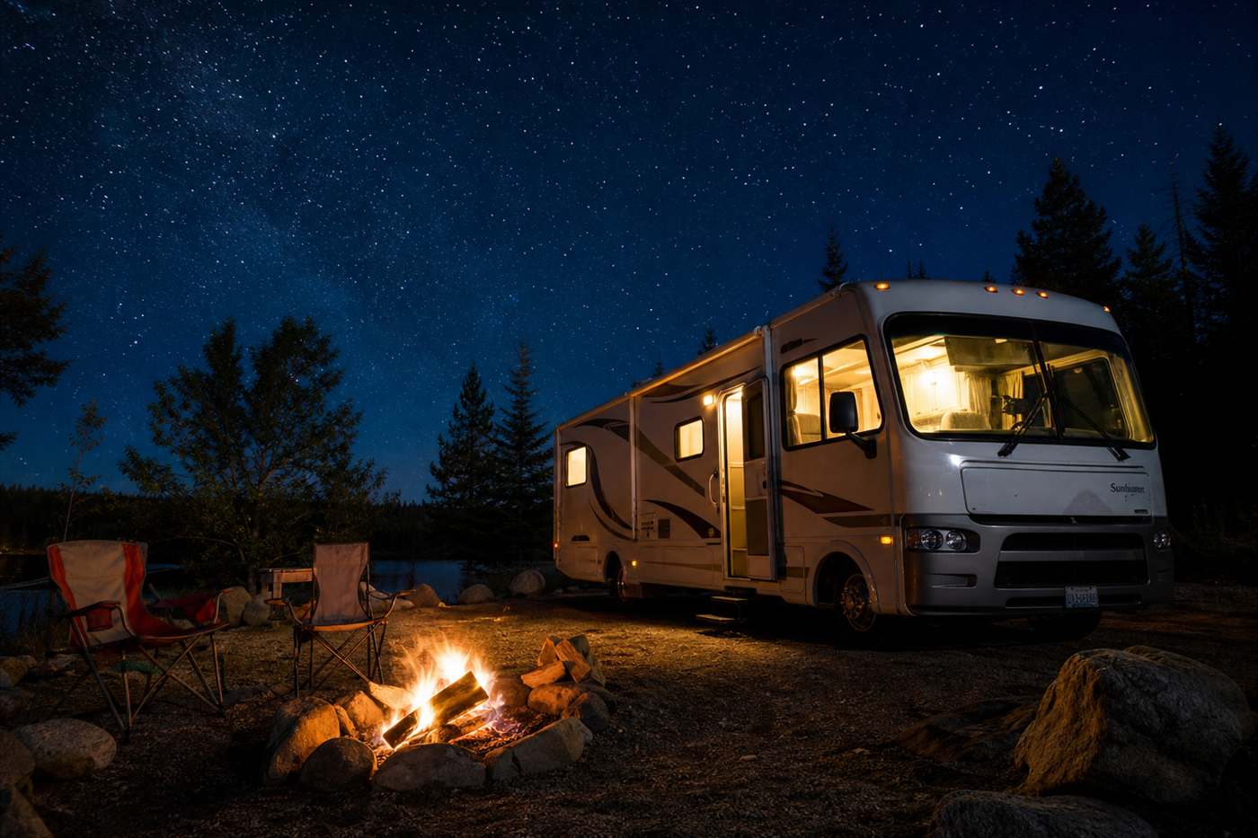 Gece kamp ateşi motokaravan tatili karavan