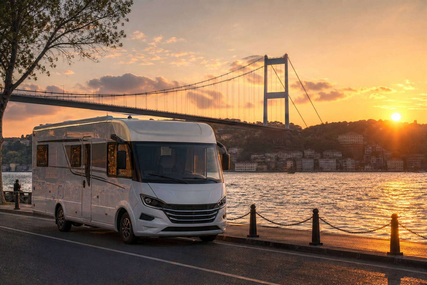 İstanbul Boğaz manzarasında beyaz motokaravan kiralama