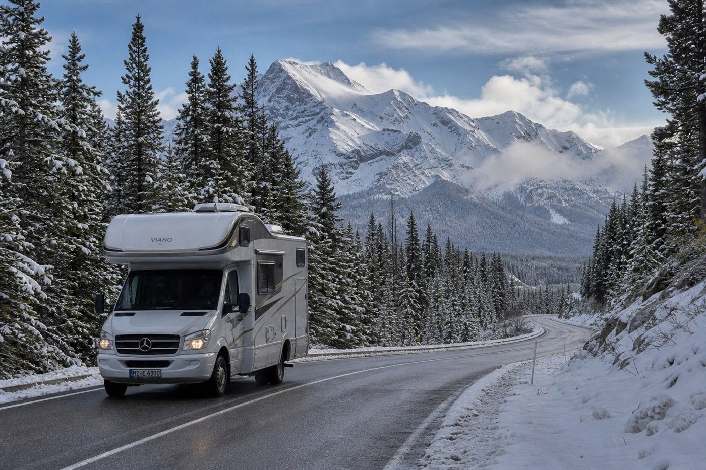 Kış karavan tatili kar yolculuğu motokaravan
